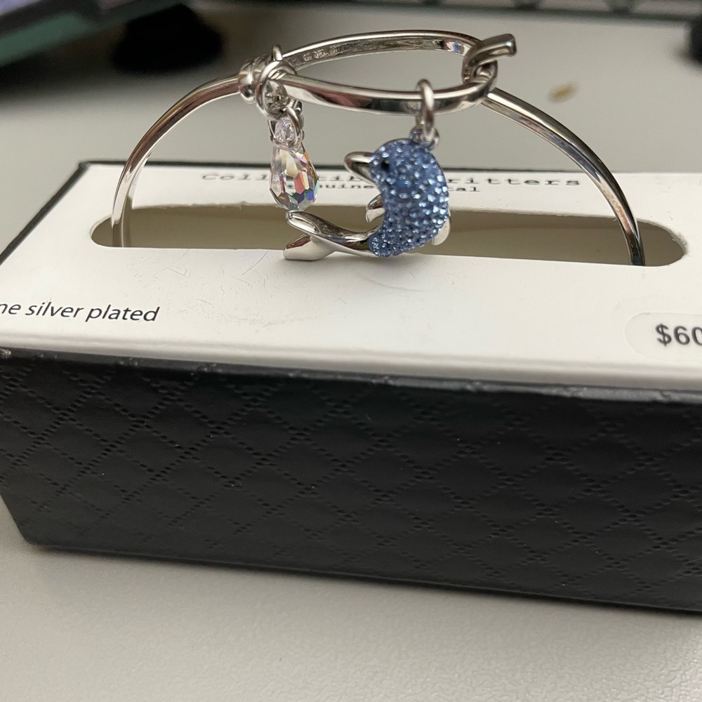 Silver Plated Crystal Dolphin Charm Bracelet Bangle